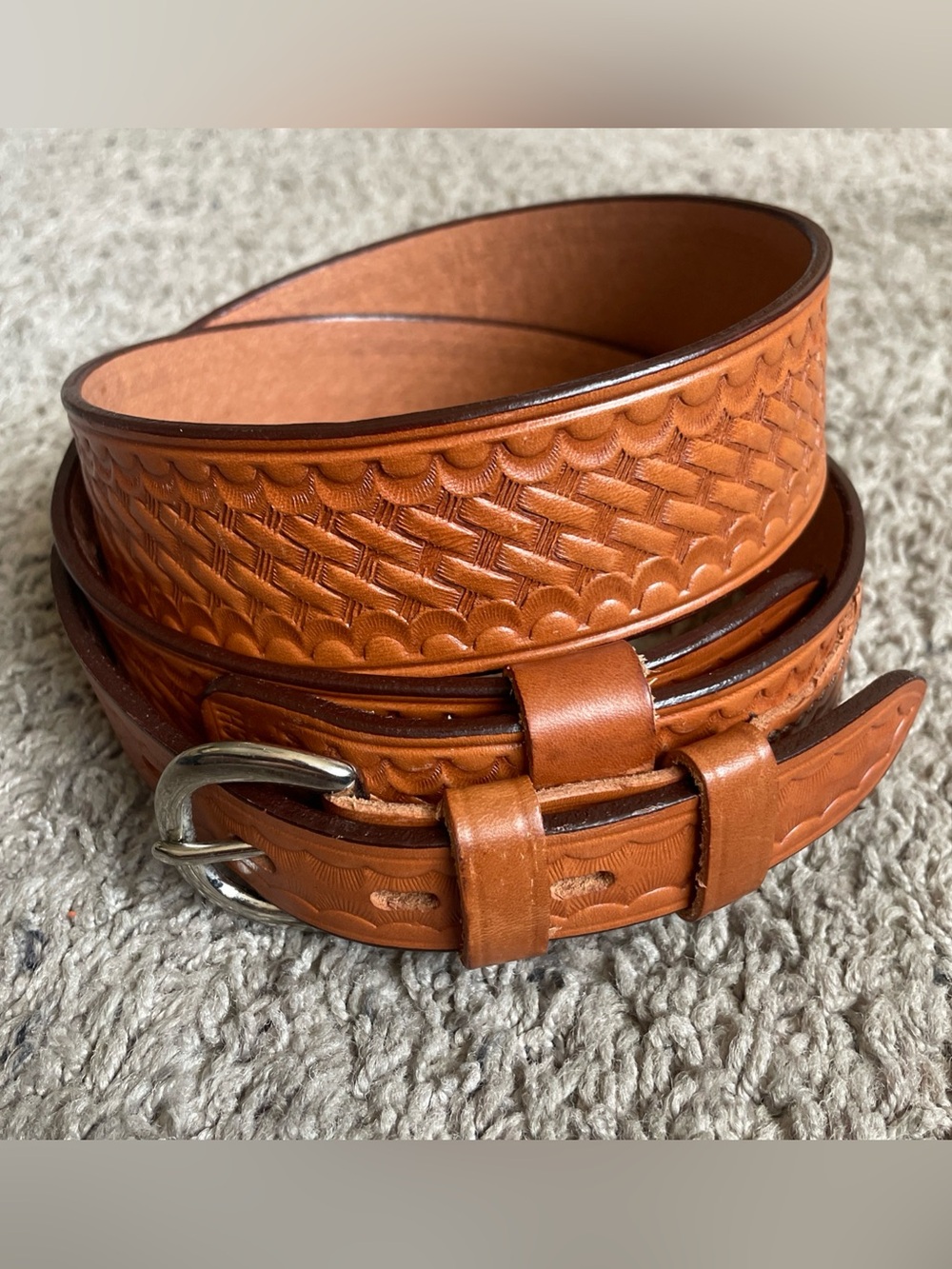 Bianchi #B4 Ranger Style Brown Leather Tooled Belt Sz 38 Basket Weave 1.75" Wide
